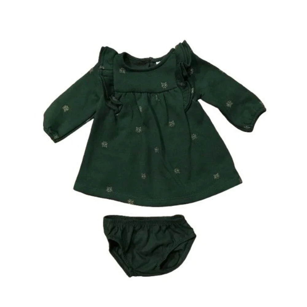 Girl's 3 Month Dress w/ Bloomers Carters Long Sleeve Green w/ Gold Butterflies